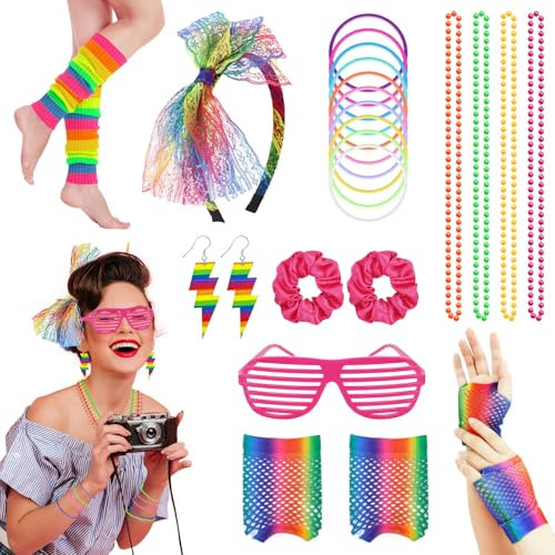 21pcs 80s Fancy Dress for women, 80s Accessories Set with Leg Warmers Gloves Earrings Necklaces Sunglasses for 80s Party Dress up