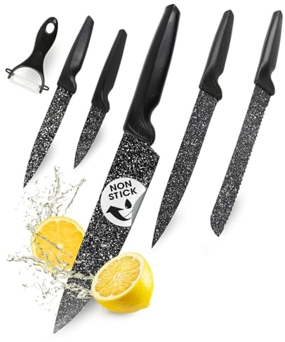 GOURMETmaxx Set di 6 coltelli da cucina con rivestimento antiaderente | coltello da cucina, pane, trinciare, pelapatate e pelapatate in ceramica per tagliare facilmente verdure, carne, pesce, pane