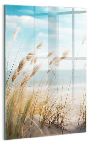 Wallfluent Glasbild Mit Motiv Gehärtetes Glas Bild Dicke 4mm 40x60cm Wanddekoration Für die Küche Badezimmer und Schlafzimmer Wandbild - Landschaft aus Grasstrand und Meer im Boho-Stil