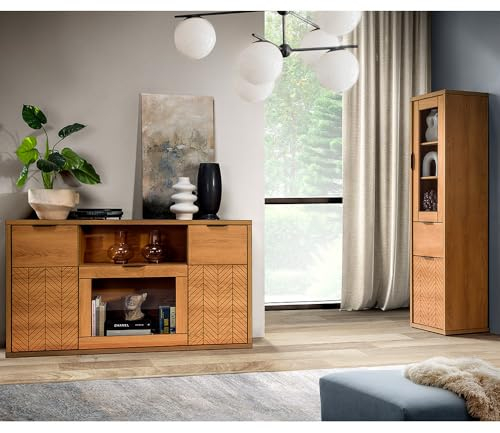Lomadox Wohnzimmermöbel Set 2-teilig Sideboard Kommode Vitrine Vitrinenschrank modern in Eiche