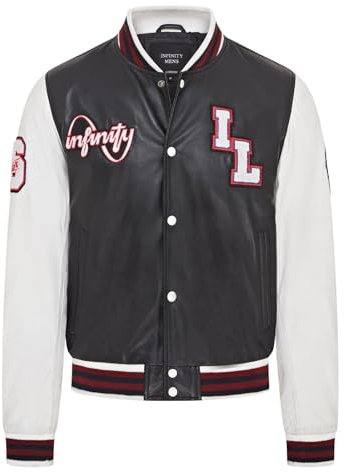 Infinity Leather Herren-Baseball-Bomberjacke aus schwarzem und weißem Letterman-Leder