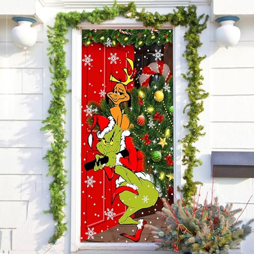 GreenYeah Decoración Navidad Puerta Cubierta, Decoración de Cubierta de Puerta de Navidad, Decoraciones de Puerta de Navidad para Interior, Exterior Navidad Decoración 90x 200CM (A)