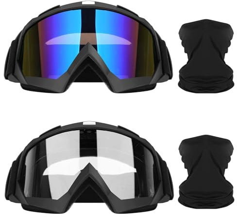 Lievermo Gafas de motocross para motocicleta, paquete de 2 unidades, para ATV, motocross, esquí, resistentes al viento, con protección solar UV, polaina para el cuello, cubierta facial