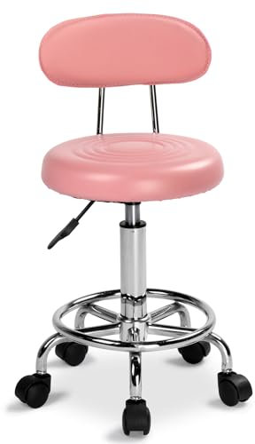 Bonnlo Rollhocker, Arbeitshocker, Bürohocker, höhenverstellbar mit Rückenlehne& Lehne, Drehhocker für Büro/Salon/Bar, Kunstleder, Rosa