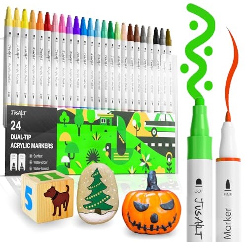 JusArt Acrylstifte für Steine Wasserfest 24 Farben Acryl Marker mit Punkt und Feinspitze für Steine Malerei, Keramik, Glas, Holz, Leinwand, Ostereier,Lebendiges Kunstzubehör für Kinder, Künstler