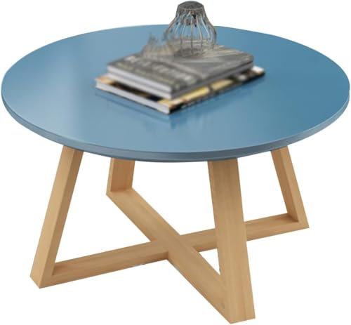 Kleiner runder Couchtisch, Beistelltisch aus Holz, niedriger Esstisch mit stabilen Beinen, wasserdichter Freizeittisch für Balkon, Wohnzimmer, Schlafzimmer, Blau, 80 x 80 x 45 cm