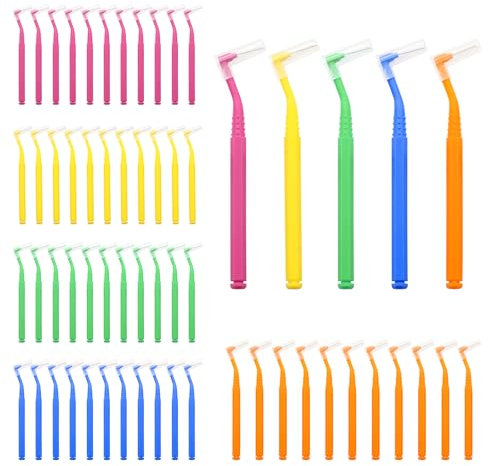 KASURE 60 Stück Interdentalbürsten Bunt, L-Förmige Interdentalbürsten, Plastik Tragbarer Interdentalbürsten mit Rutschfestem Griff, Zahnbürsten für Zwischen Zähnen und Zahnfleisch