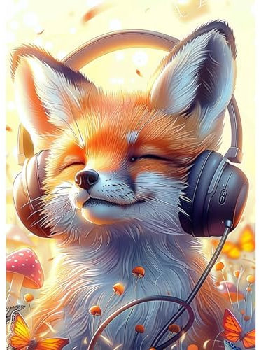 EOBROMD Diamond Painting Fuchs mit Kopfhörer, 5D Diamant Painting Bilder für Erwachsene Fantasie, DIY Tiere Diamant Malerei Set für Wanddekoration 30x40 cm