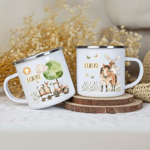 wolga-kreativ Emaille Tasse Bauernhof personalisiert mit Namen - Robuste Kinder Tassen, BPA-frei, Spülmaschinenfest Kinder Becher - Personalisierte Geschenke Baby Zur Taufe, Geburt, Weihnachten