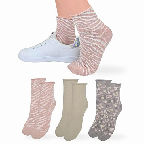 LEON D'ORO Calzini Senza Elastico Donna Cotone Leggero 3 Paia Calze Donna Viscosa Moda Made in Italy (IT, Testo, Taglia unica, Regular, Regular, 1Paia ZEBRA 1 Paia MACULATO 1 Paio PLATINO ASS1)