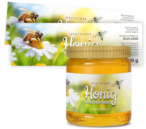 Honig Etiketten 500 g rechteckig selbst gestalten – ab 25 Stück – Honig Aufkleber personalisierbar, selbstklebend, ablösbar – Honigetiketten für Honiggläser – Bauchetiketten – (HONIG - 500 g - RE1)