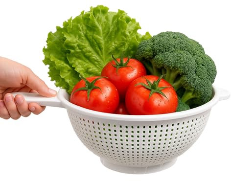 Escurridor de plástico con mango, Colador de cocina, Colador multiusos, escurridor pasta, escurridor para frutas y verduras, Diámetro superior 26.5 cm, Altura 13 cm, Libre de BPA, Plástico