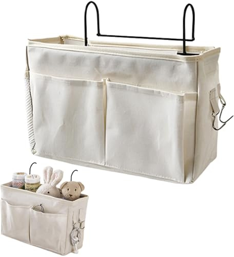 Durdiiy Bedside Hanging Storage Bed Pockets Bag College Dormitory Cloth Basket Clutter Sorting Magazine Book Mulit-purpose with Metal Hooks for Home Office School Dorm Hospital (beige)