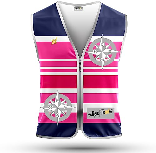 REEFLEXX Warnweste Damen Sicherheitsweste, erhöhte Sichtbarkeit im Straßenverkehr, Joggen, Fahrrad oder Auto, Pink Nautic Compass, Größe XXL
