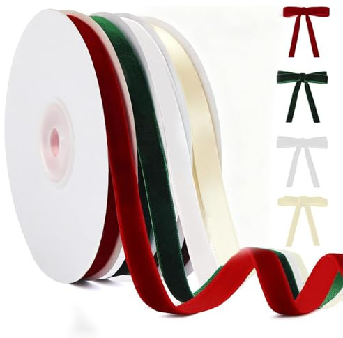 KINDLUME 4 Rouleaux Ruban Velours, Ruban Satin, Rubans Satin Noël, Ribbon Cadeau, 1cm x 9m, pour Décoration Noël, Emballage Cadeau ﻿ ﻿