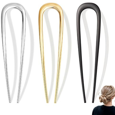 Solihigh 3Pcs Large French Hair Pin for Women Metal 14cm/5.5in French Twist Hair Pin U Shaped Hair Fork Gold Silver Black Updo Hairpin for Thick Long Hair All Hairstyle Decorative Accessories