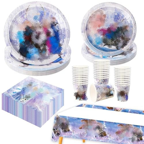 81 Pcs Ice Party Decorations, Party Supplies Blue Tableware Set Princess Birthday Decorations Included Plates Cups and Napkins Table Cloth Banner for 20 Guests Boys Girls Chrildren