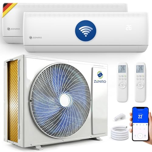 ZENIRO Multi Split Klimaanlage 2 Innengeräte Set (2,6kW + 3,5kW) Klimagerät Air Conditioner mit Heizfunktion 18000 BTU 5,3kW A++ WiFi/App-Steuerung 4D AirFlow Heizen bis -20°C Vorgefüllt R32