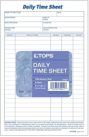 TOPS quotidien travail de temps des employés et de feuilles, 15,2 x 24,1 cm, 100 feuilles par bloc, 2 coussinets/Lot (30041)