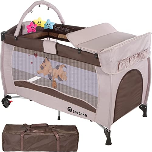 tectake® Babyreisebett, Kinderreisebett, Reisebett höhenverstellbar mit Reisebett Matratze und Transporttasche, Babybett, Reisegitterbett, tragbares Beistellbett Baby - 132 x 75 x 104 cm - Braun