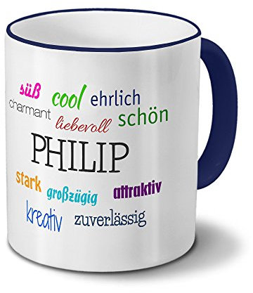 printplanet Tasse mit Namen Philip - Positive Eigenschaften von Philip - Namenstasse, Kaffeebecher, Mug, Becher, Kaffeetasse - Farbe Blau
