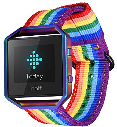 bandmax Kompatibel für Fitbit Blaze Armband, Regenbogen Nylon Gewebe Gurt Ersatzarmband mit bunten Rahmen Denimstoff Wrist Armband Uhrenarmband für Fitbit Blaze