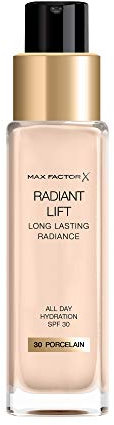 Max Factor Radiant Lift Liquid Pump Medium to Full Coverage Radiant Finish Foundation with SPF30 and Hyaluronic Acid, 030 Porcelain, Light Skin Tone, 30ml