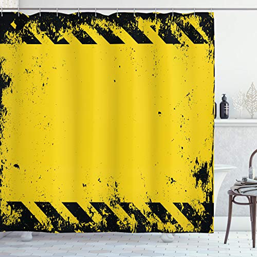 ABAKUHAUS Grunge Duschvorhang, Hazard Vorsicht, Stoffliches Gewebe Badezimmerdekorationsset mit Haken, 175 x 200 cm, Gelb und Schwarz