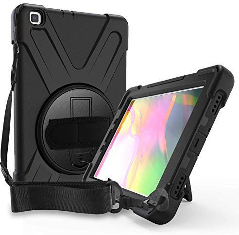 ProCase Hülle Galaxy Tab A 8.0 Zoll 2019(SM-T290 T295) mit 360°Drehständer und verstellbar Riemen Schultergurt, Robust Heavy duty Stoßfest Handschlaufe Case Hybrid Full Body Schutzhülle Cover -Schwarz