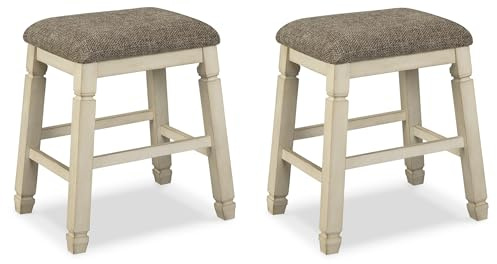 Signature Design by Ashley Bolanburg Farmhouse 24 Counter Height Upholstered Barstool, 2 Count, Whitewash