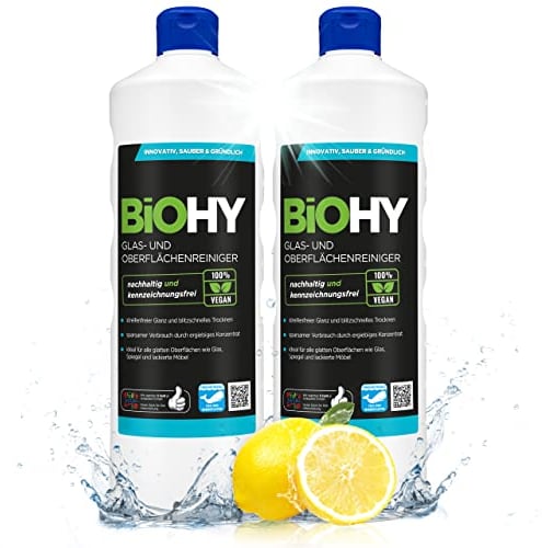 BiOHY Glas- und Oberflächenreiniger (2 x 1 liter) | Glasreiniger Konzentrat für streifenfreien Glanz | ergiebiger Glas & Kunststoffreiniger | Fettlöser & Kalkreiniger | ideal für Fenster & Küche