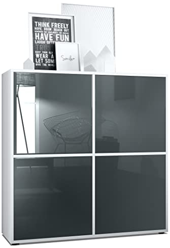Vladon Highboard Cuba V2 Schrank 104 x 105,5 x 35,5 cm Sideboard mit 8 Fächern, Made in Germany, Korpus in Weiß matt/Fronten in Grau Hochglanz