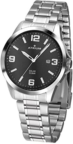 Atrium Herren-Armbanduhr Solar Edelstahl Analog 10 bar mit Edelstahl Armband und Datum Anzeige silberfarben schwarz A32-31