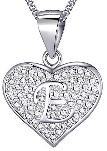 MASADA 925 Silber Herz Buchstaben-Halskette - Initialen-Anhänger mit Zirkonia-Steinen - Buchstabe E - 46 cm Kette mit Samtbeutel
