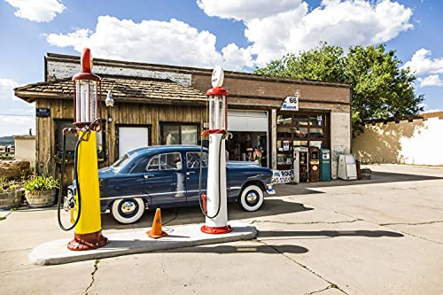 OLDTIMER Fototapete VLIES-300x223 cm (4433A)-Route 66 Vintage Auto Retro Cars Tankstelle Wandtapete-Inkl. Kleister-Vliestapete Bild Dekoration Wand-Dekor Moderne Motiv-Tapete Panorama Poster XXL