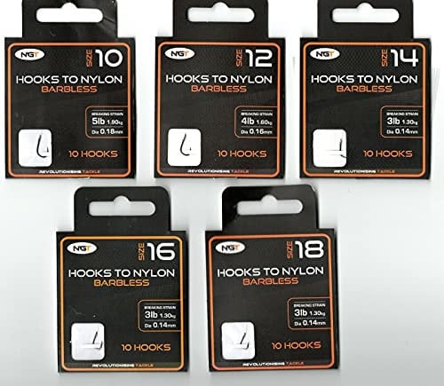 x50 NGT Barbless Hooks to Nylon in Size 10, 12, 14, 16 and 18 TEN Hooks of EACH Size (Fifty Hooks in total)