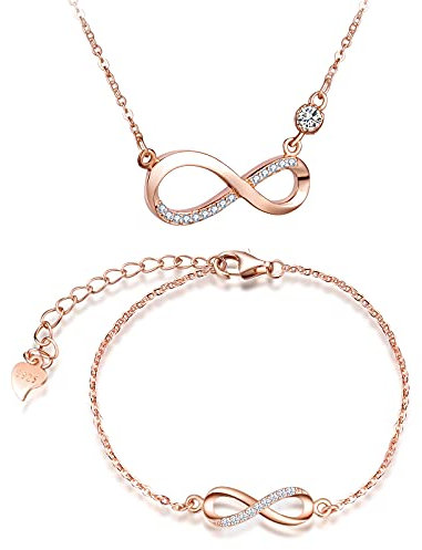INFINIONLY Jewellery Sets, Women's girl's Necklace pendant and Bracelet, 925 sterling silver necklace bracelet, Elegant diamond infinity symbol pendant bracelet, Inlaid zircon, rose gold