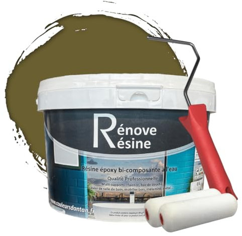 COULEURS D ANTAN Peinture Résine multisupport Intérieur pour Faïence, Carrelage, Douche, Baignoire 5m² - RAL 7008 Gris kaki + Kit d'application OFFERT