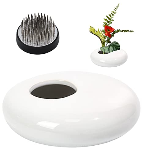 WANDIC Fournitures d'arrangement de Fleurs, Grenouille Ronde et Pot de Fleurs en céramique Blanc Brillant pour Ikebana, Art Floral, décoration de la Maison, du Bureau