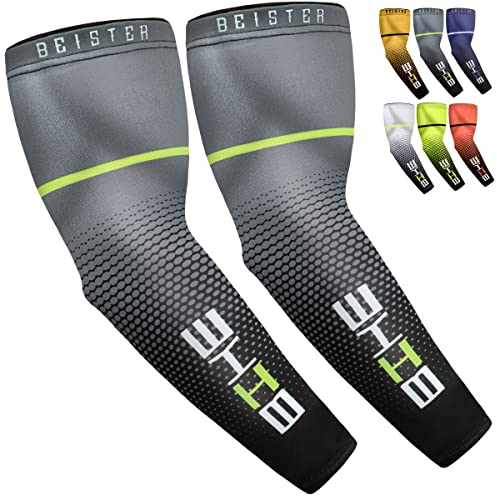 beister UV Schutz Kompression Arm Ärmel, rutschfest Kühlarmschutz Armlinge für Running Radfahren Basketball Golf Outdoor Aktivitäten Männer Frauen (1 Paar) (L, Schwarz)