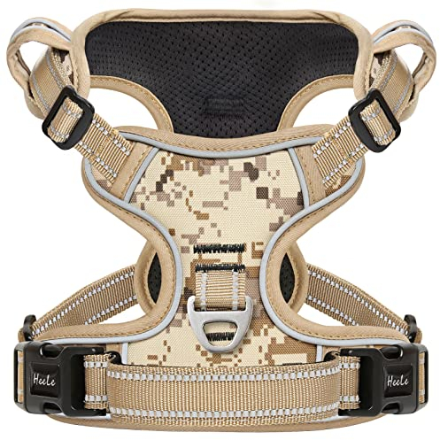 HEELE Hundegeschirr, Hundegeschirr Grosse Hunde Anti Zug Hundegeschirr Camouflage Reflektierenden Brustgeschirr Weich Gepolstert Atmungsaktiv, Camouflage Braun, L