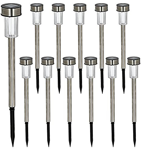 Cepewa Wegeleuchte solarbetrieben 12er Set │LED warmweiß 4,5x36cm Erdspieß Edelstahl Kunststoff │Gartenlampe Bodenstecker Gartendeko