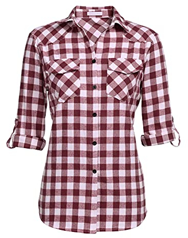 UNibelle Damen Bluse Kariert Trachtenbluse Oktoberfest Karohemd Knopfleiste V-Ausschnitt Trachtenhemd 3/4 Arm HolzfäLlerhemd Casual Hemden Trachten Oberteil Weinrot-B 3XL