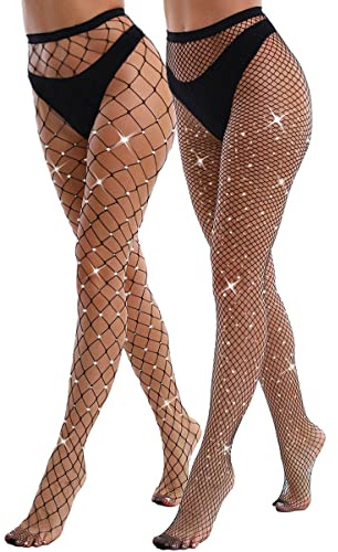 VEBZIN 2 Pack Sparkly Large And Medium Mesh Black Fishnet Tights Glitter Rhinestone Fishnets Leggings Stockings for Women