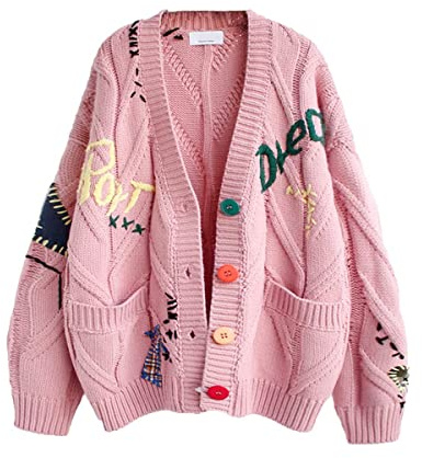 Women's Cable Knit Long Sleeve Open Front Cardigan Sheep V-Neck Button Down Embroidery Wool Blend Sweater Coat Outwear, Pink, XL