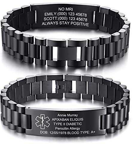 FLHEART Personalisiertes Medizinisches Armband Herren : Individuelles einstellbares Edelstahl Uhrenband Stil Notfall Identifikation Allergie Diabetiker Armband Männer Medizinische ID Armbänder