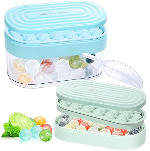 Webake Mini Eiswürfelform Kugel Silikon 2,3 cm Eiswürfelbehälter mit Deckel und Zange Klein Runde Eiskugelform Silikonform Eiswürfel für Cocktail Whisky Tee Kaffee, 2 Schalen 1 Eiskübel & 1 Messlöffel