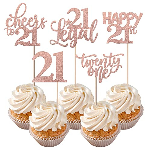 Rsstarxi 30 Pack 21st Birthday Cupcake Toppers Rose Gold Glitter Twenty One Legal 21st Cupcake Picks Cheers to 21 Years Old Cake Decorations for 21st Birthday Anniversary Party Supplies