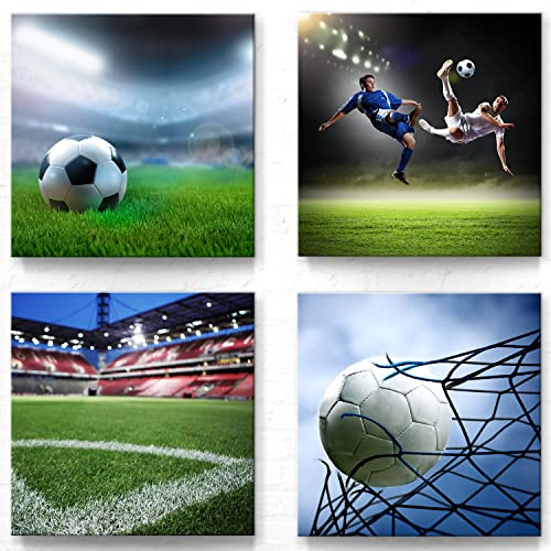 Fußball Motive als Leinwand-Bilder zur Deko - jedes Bild ist 50x50cm - 4-teiliges Fan Bilder-Set, aufhängefertige moderne Bilder für Kinder-Zimmer, Jungen Mädchen Wohnzimmer Schlafzimmer Set-A