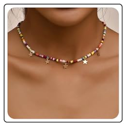 Wendalern Boho Perlen Choker Halskette Bunte Samen Perlen Halskette Gold Star Charms Halskette Multicolor Perlen Kette Halskette Handgemachte Perlen Halskette Aussage Schmuck Für Frauen Mädchen